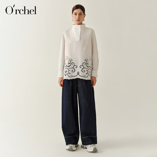 Orchel/欧榭丽2026减龄立领衬衫女镂空绣花宽松显瘦打底衫上衣