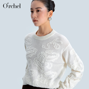 Orchel/欧榭丽立体提花质感羊绒衫圆领女士白色套头休闲长袖毛衣