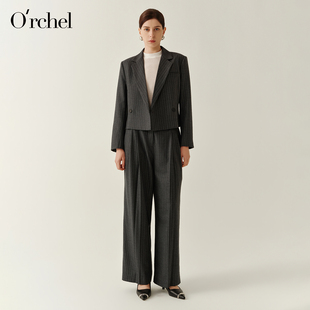 Orchel/欧榭丽2026新款羊毛竖条纹双排扣收腰显瘦通勤西装小外套