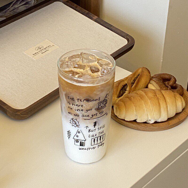ins简约涂鸦线条高杯高硼硅玻璃杯耐高温清透咖啡杯大容量杯子