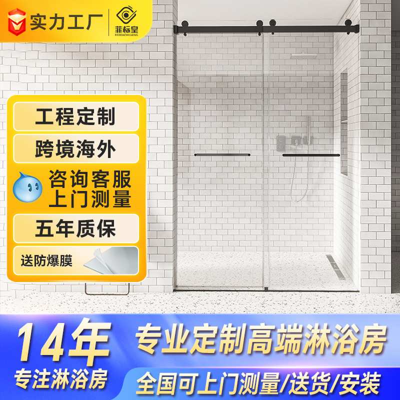 一字型整体淋浴房卫生间干湿分离浴屏玻璃双移门隔断浴室推拉门