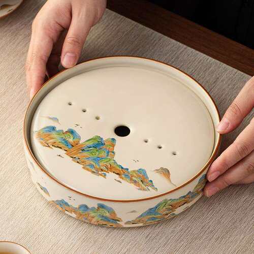 汝窑江山茶盘家用沥水盘陶瓷圆形储水盘办公会客干泡茶台茶具托