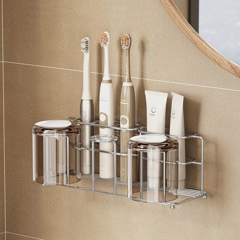 304不锈钢电动牙刷置物架壁挂式免打孔牙杯子牙膏漱口杯架子挂墙