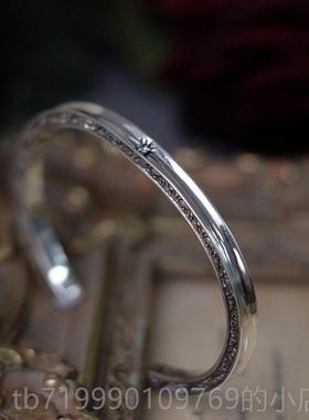 高档 SHI925纯素银手镯复古百搭星星锆石唐U草花纹元个性小众手饰