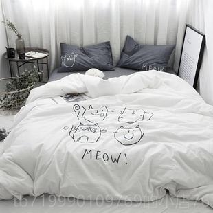 高档纯四棉猫咪小清新刺绣床品水棉件棉套绣花全被套洗4件套床单