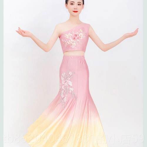 高档半新款傣族舞蹈服装儿童尾成孔雀舞鱼人练功身裙 艺考舞蹈服