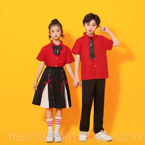 高档六儿红色衬衫一表演国服中风男女童小学生合唱班服童运动服演