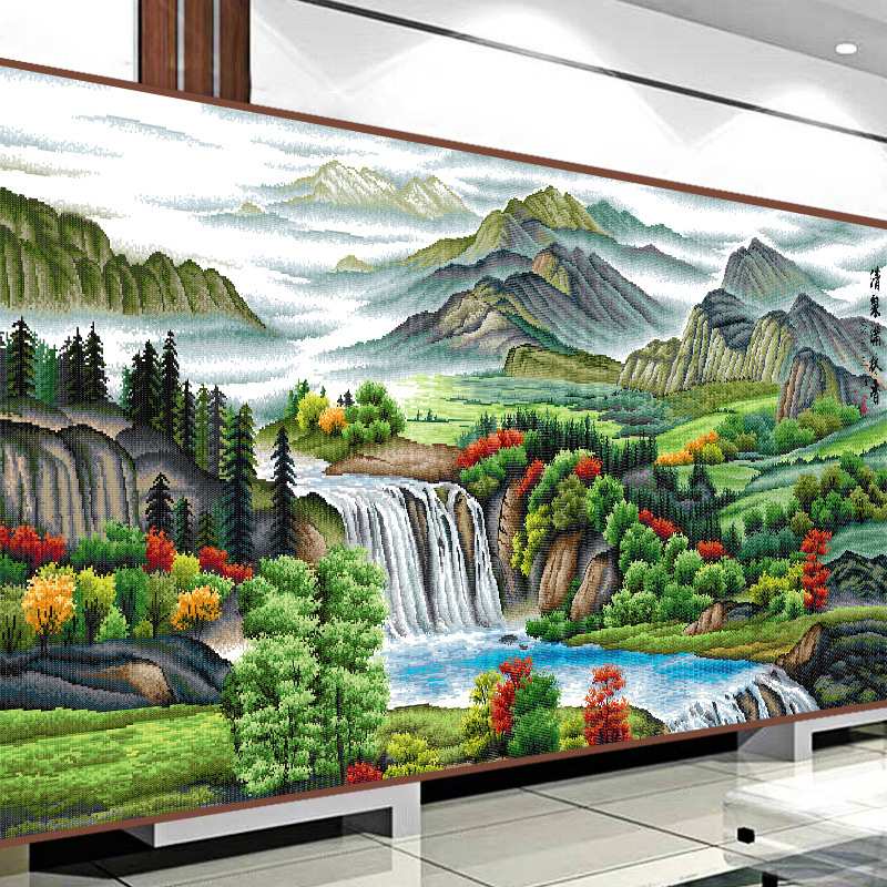 厂家直销一件代发流水生财十字绣风景聚宝盆山水客厅大幅手工画