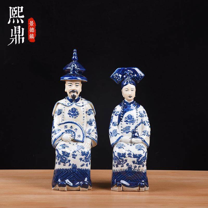民国雕塑瓷厂青花仿清做旧人物中式老货瓷器中国风陶瓷摆件装饰品