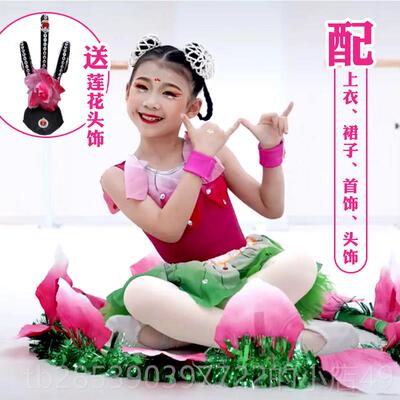 新款花童子荷花裙古舞典舞裙演出服中国风少儿绿莲色莲花蓬蓬蹈表