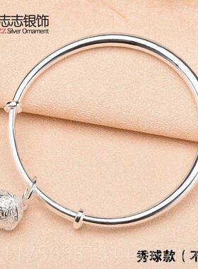 正品999纯银光手镯女 简约宫铛银手环镯刻字年轻银子饰送铃女友礼