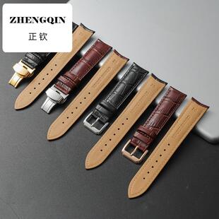 正钦弧形接口头层牛皮玫瑰金适配罗西尼杜鲁尔金色蝴蝶扣黑色表带