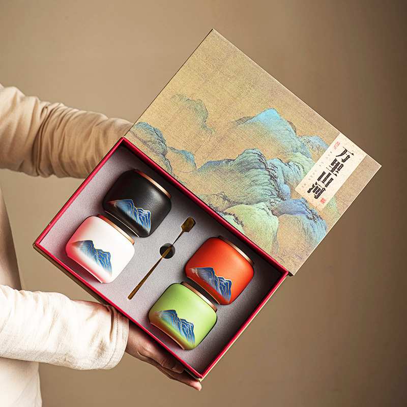 国潮茶叶包装礼盒通用小号绿茶红茶叶罐陶瓷密封罐双罐装礼品图片