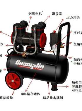 空压机220V50HZ小型无油静音30升1450W便携木工高压打气泵