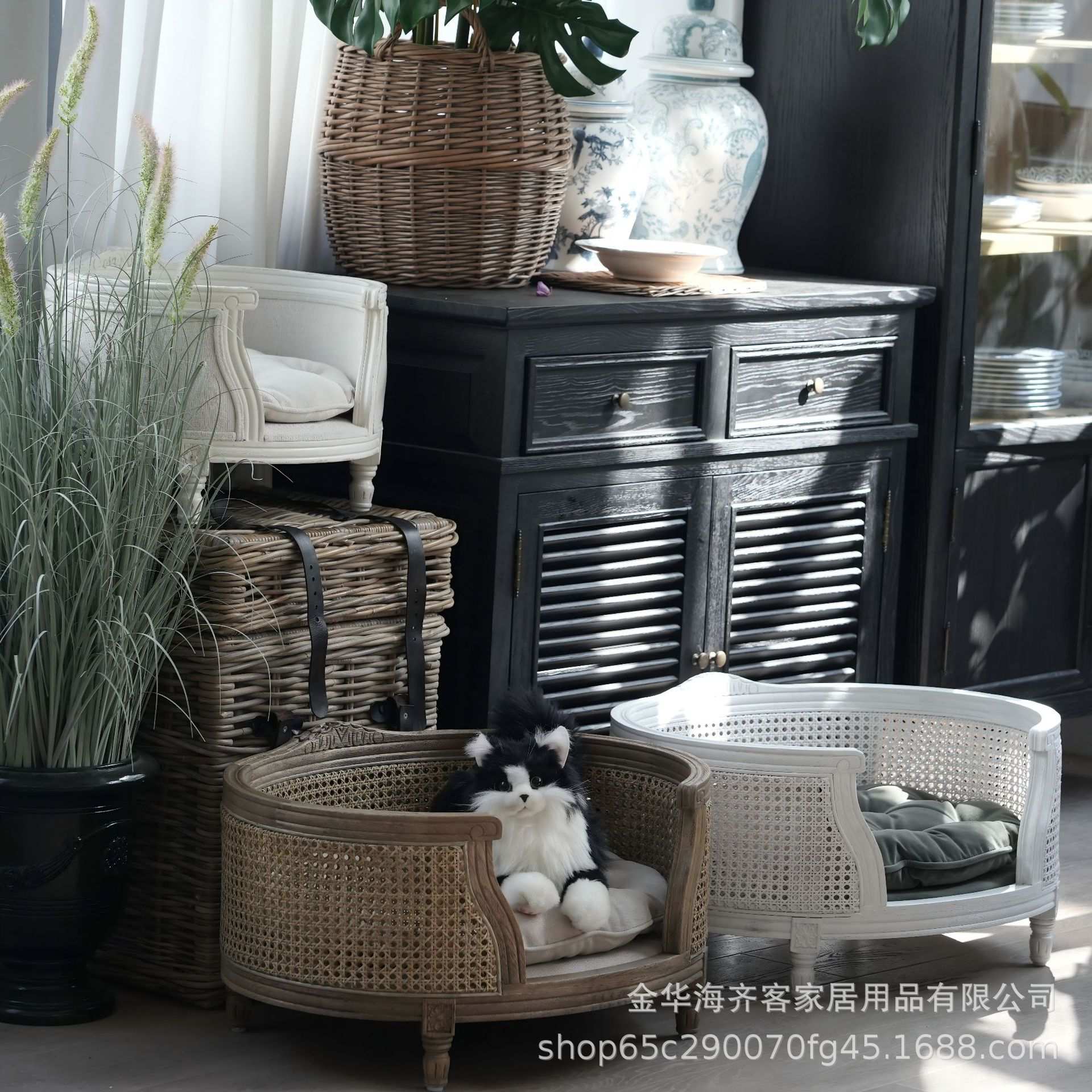 橡木实木宠物床藤编织家具手工雕刻猫窝狗窝宠物沙发