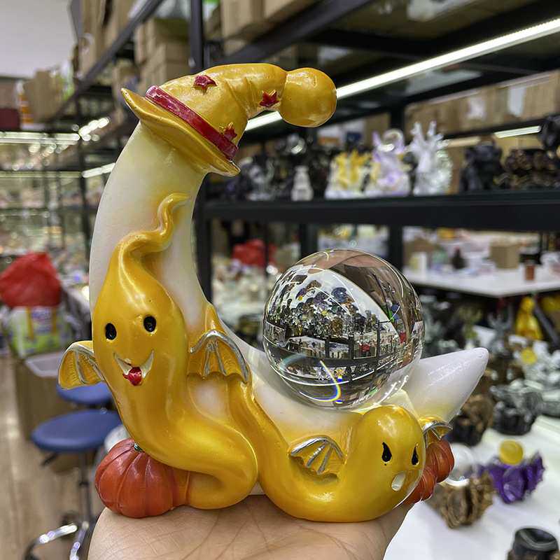 水晶球底座 万圣节幽灵月亮摆件 树脂工艺品家居办公饰品摆件装饰