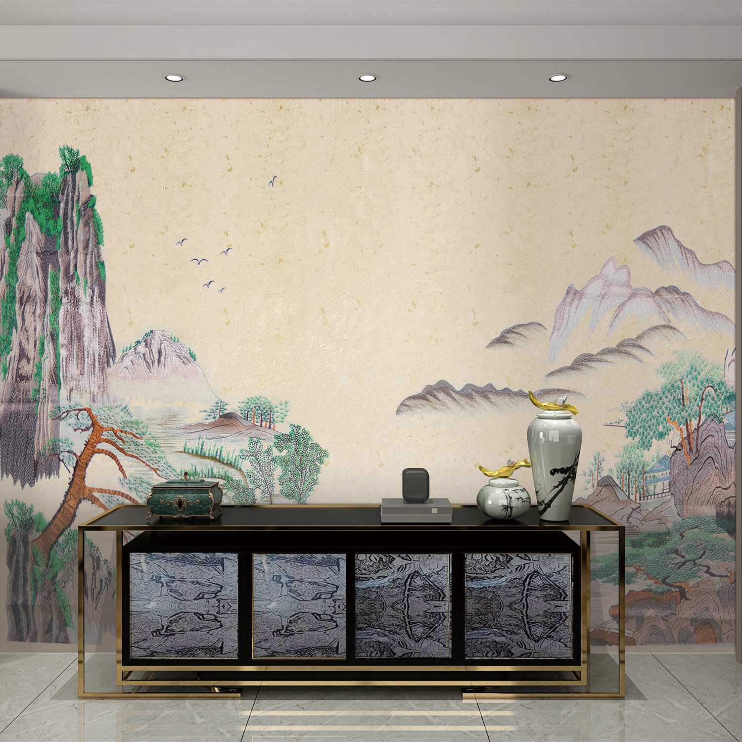 独绣山水壁画无缝墙布刺绣沙发背景布电视背景墙中式玄关壁布苏绣