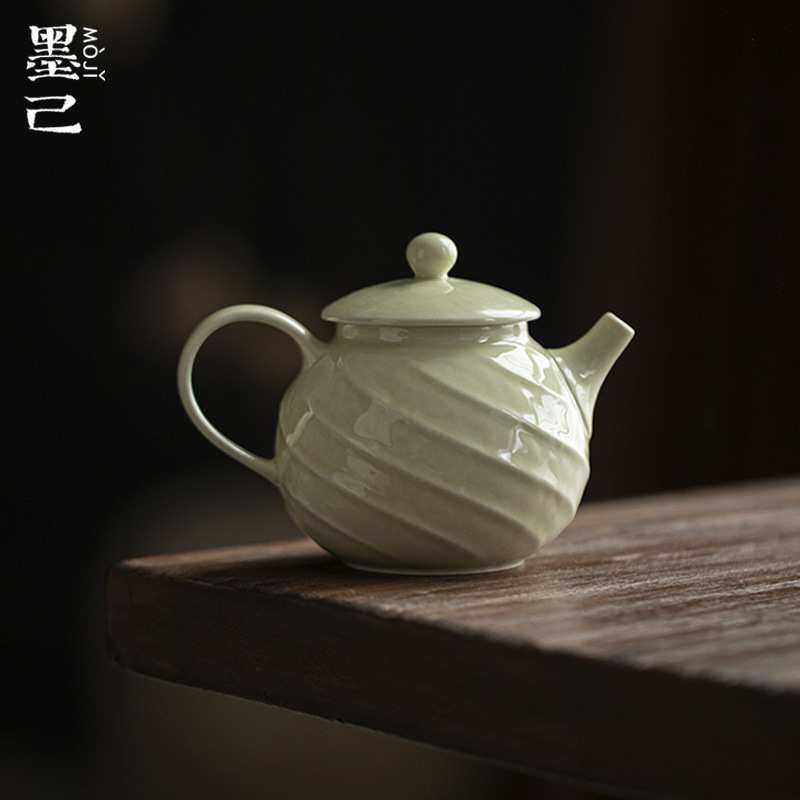 墨己仿宋绿釉螺旋纹茶壶功夫茶具陶瓷手执壶球孔过滤设计感泡茶壶