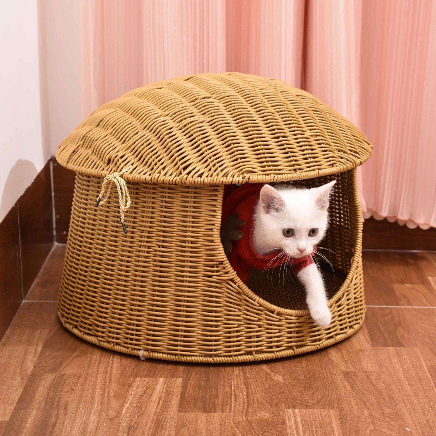 双层藤编猫窝宠物窝狗狗窝四季通用夏天凉快可水洗豪华卧室蘑菇形