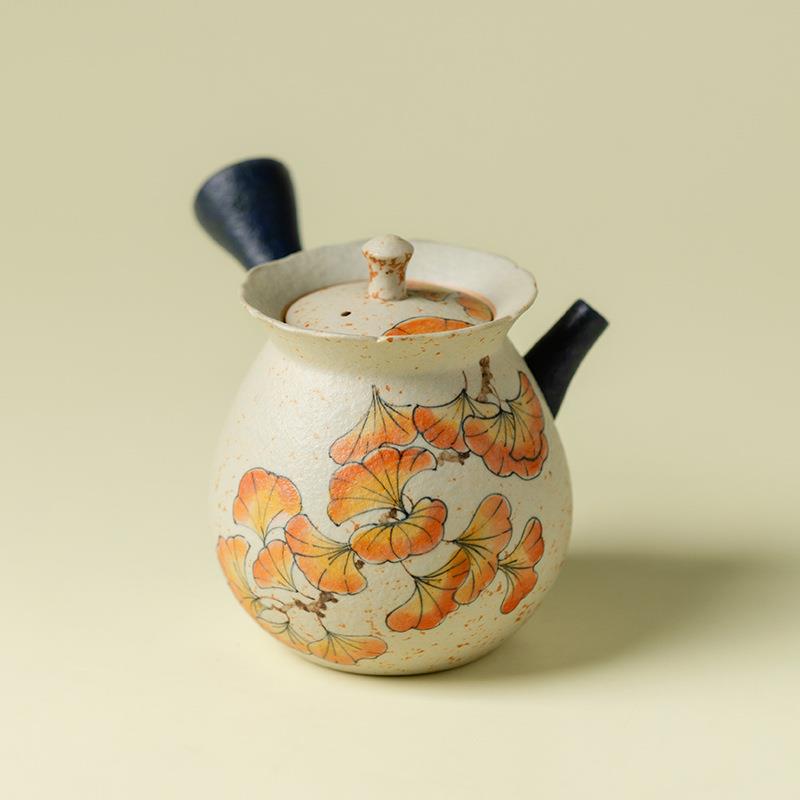 青花火石红泡茶壶纯手绘杏叶陶瓷侧把壶家用防烫冲茶器带过滤中式