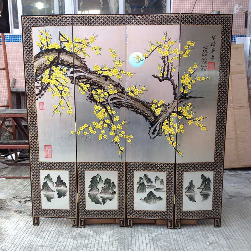 至高美四扇屏风手工彩绘金箔红黄梅报春图酒店家具直播装饰背景墙