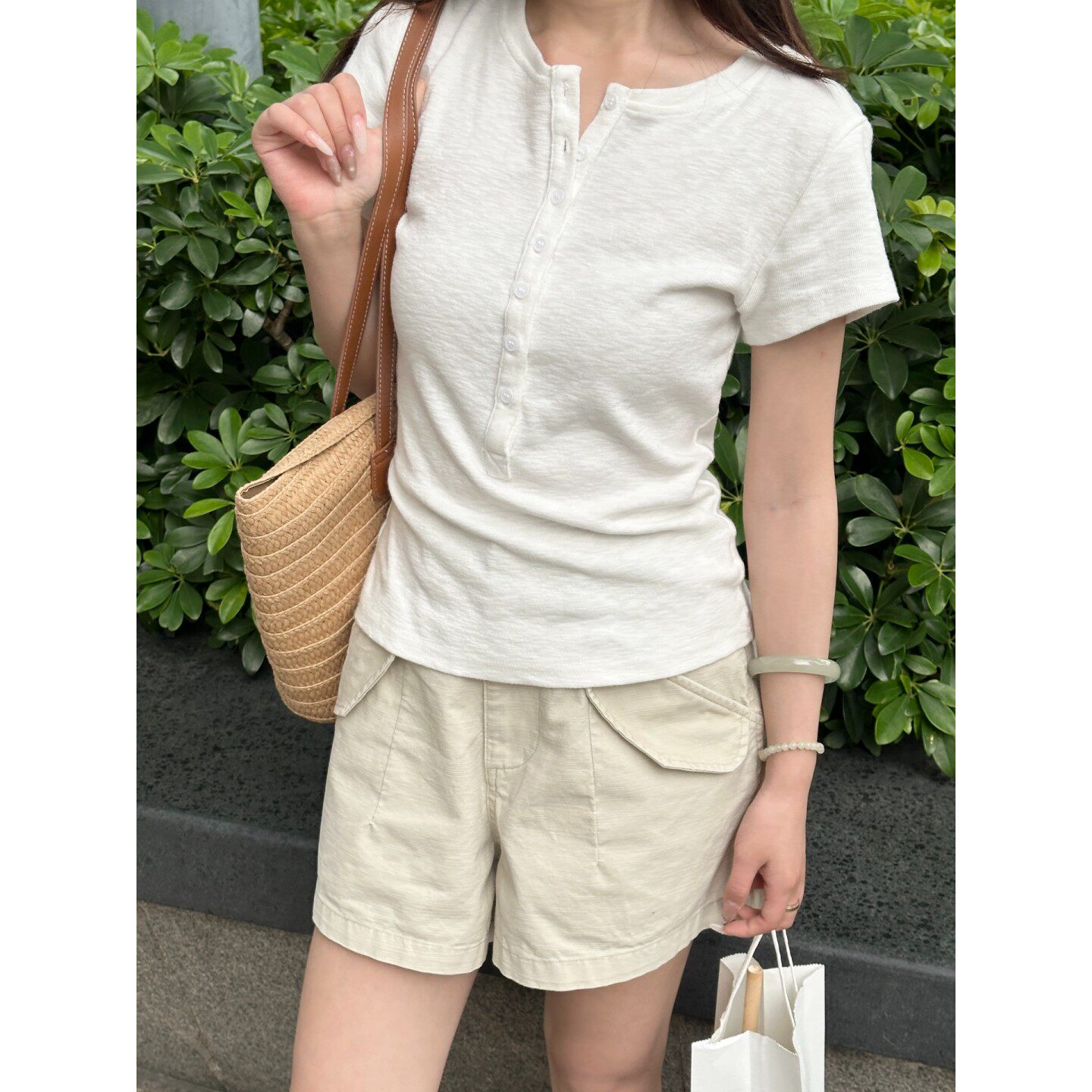 韩系基础款夏季薄款T恤女修身亨利领短袖竹节棉麻T恤百搭白上衣