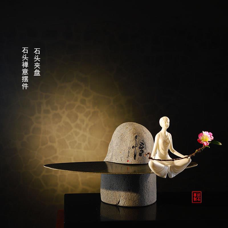 石头夹盘摆件家居商务置物软装饰品羊脂玉白瓷博古架禅意人物摆件