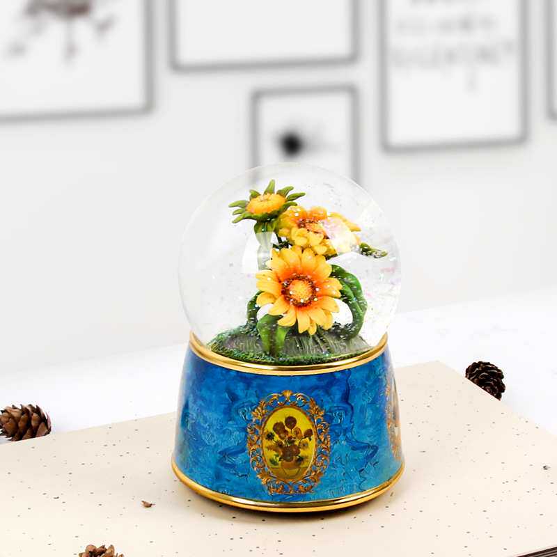 厂家直供向日葵水晶球音乐盒 旋转雪花生日礼物水晶球音乐雪花球