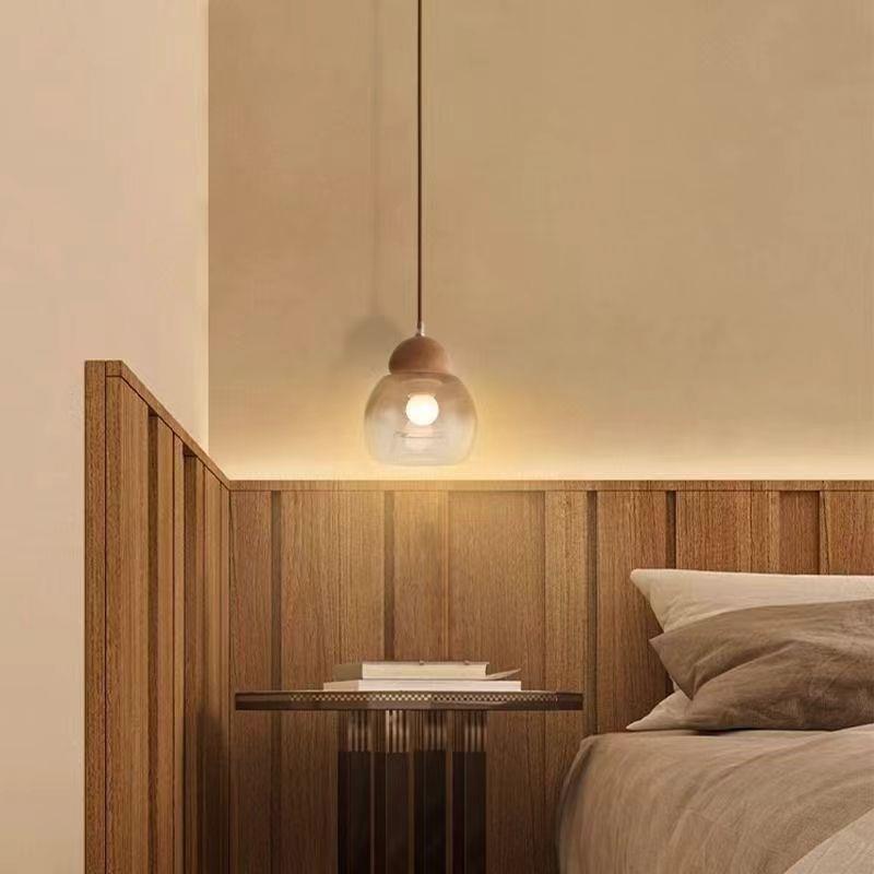 极简原木风小吊灯卧室灯饰温馨木艺复古创意个性玻璃设计床头吊灯