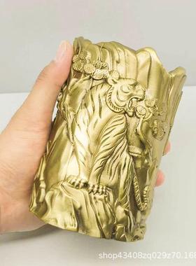 纯铜呼啸山河笔筒工艺品摆件 文化用品摆件实心黄铜笔筒一体铸造
