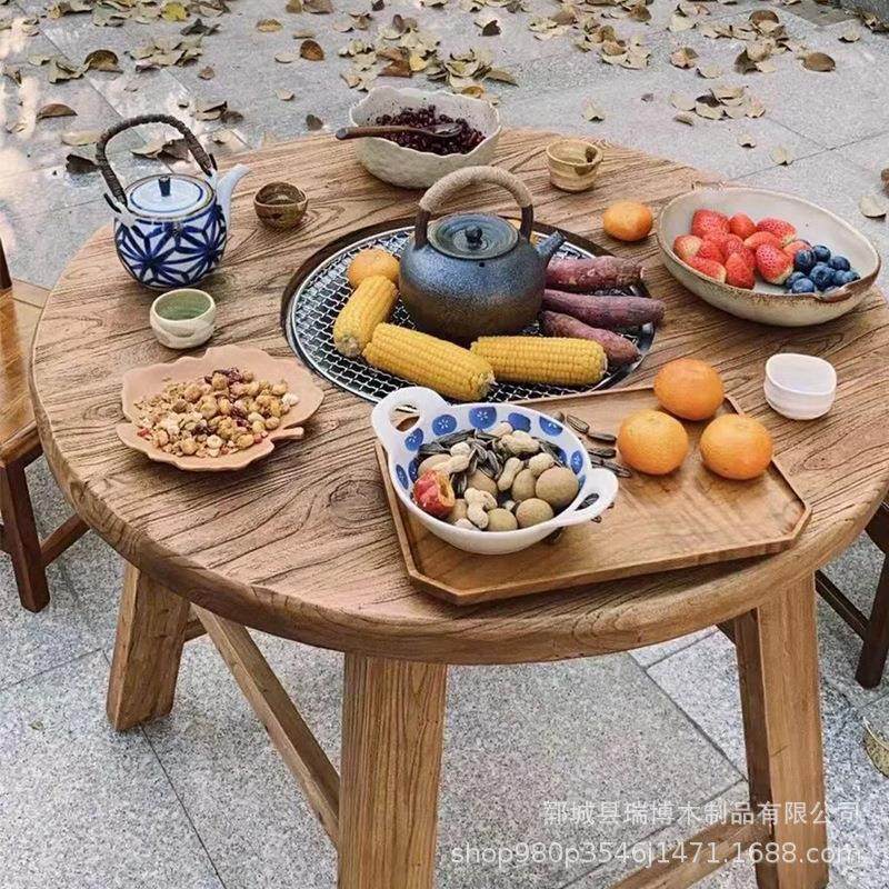 老榆木实木煮茶围炉桌聚餐户外桌家用商用景区火锅茶桌门板烧烤