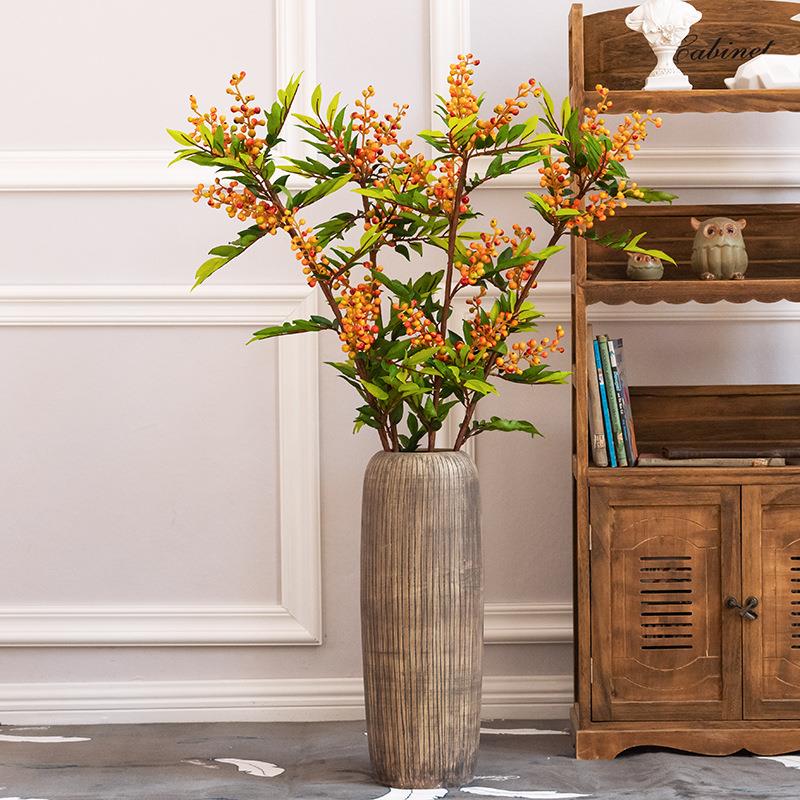 落地高枝仿真冬青果树叶枝手感红色浆果假花别墅酒店客厅装饰花艺