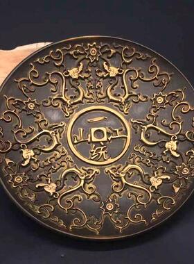 古玩杂项铜器铜盘子一统江山浮雕霸气摆件盘子九子真龙纯铜摆件