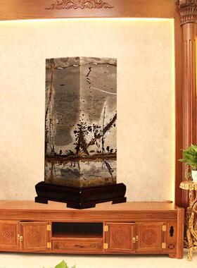 广西国画石方柱四方来财天然奇石原石客厅办公室草花石摆件观