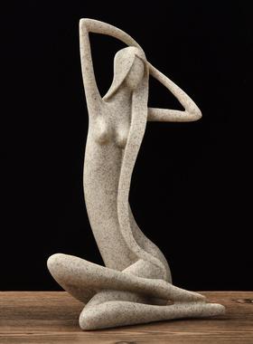 铭泽新中式砂岩工艺品创意家居摆件长发美女客厅摆设品开业礼品