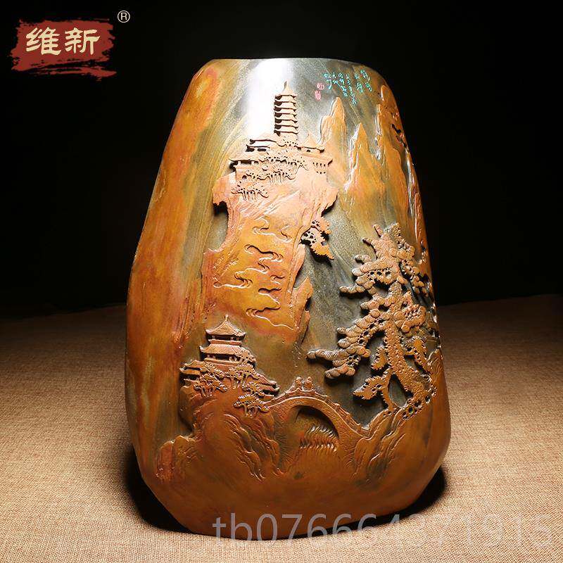 正品州歙砚大师砚台《锦绣山河》天然原石手工立体办浮徽雕高大气