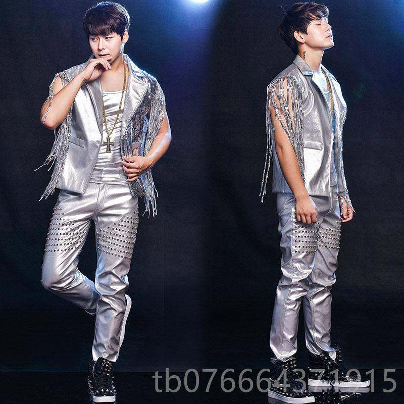 正品潮男歌手夜店酒吧架鼓DJ演出服个性甲流苏亮裤片铆钉马p子u皮