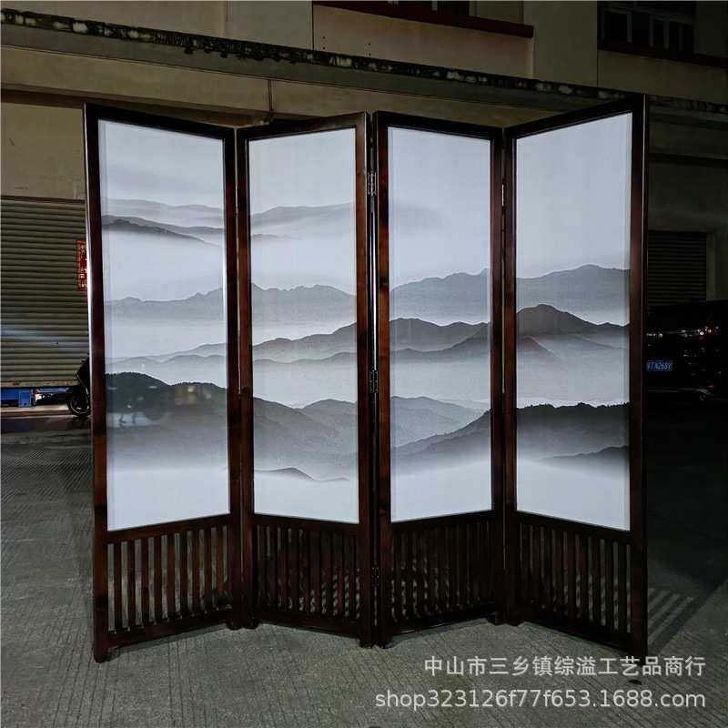 松木边框打印半透明绢画山水屏风厅会议室客厅背景隔断可移动折屏