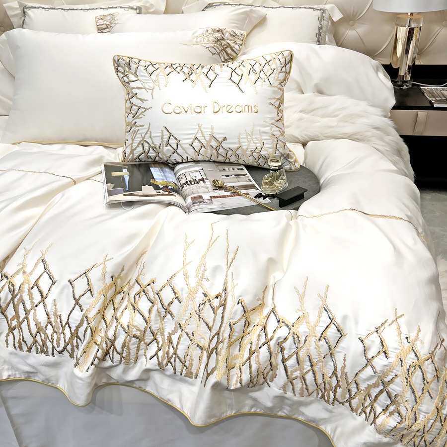 高端欧式奢华简约样板房140S全棉四件套刺绣纯色被套床单床上用品