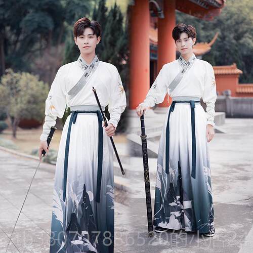 高档中国格原创传汉代统长袖少年古装风武士刺客术导学生黑色武演