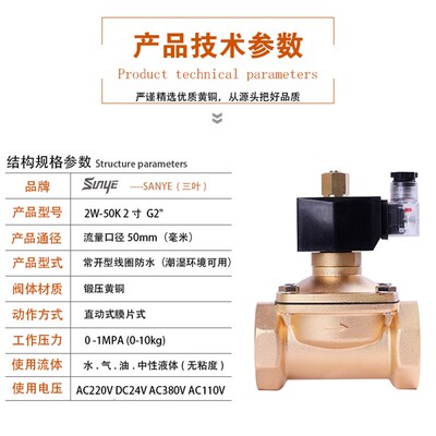常开电磁阀 水阀 气阀 铜阀G2 DN50管 2寸电磁阀AC220V380VDC24V