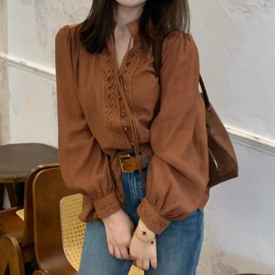 法式咖色蕾丝边长袖衬衫上衣女秋