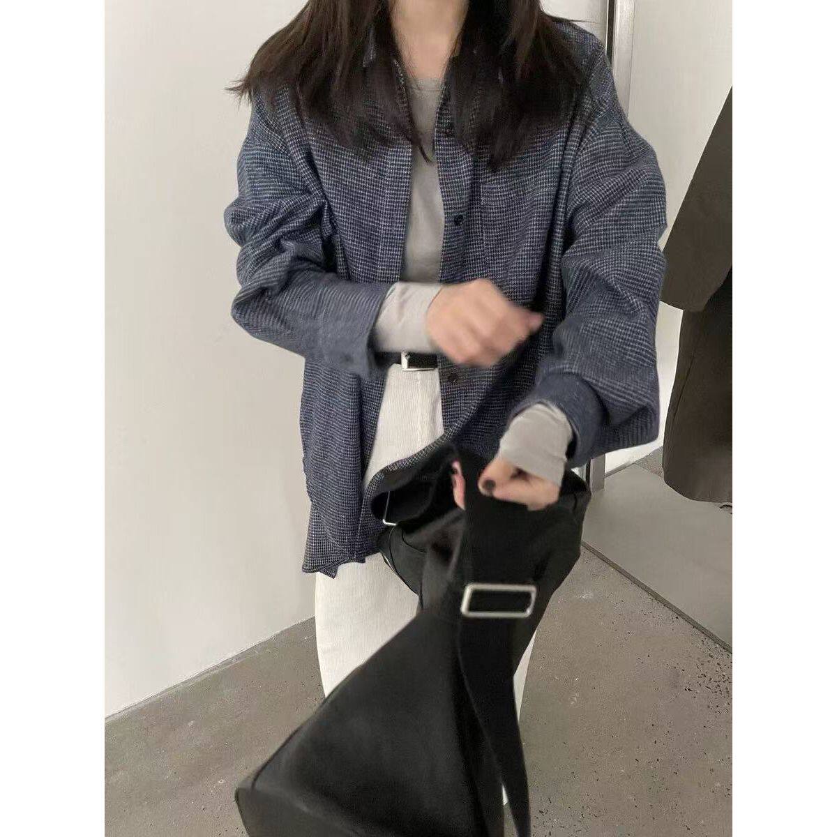 磨毛呢子格纹衬衫女春秋冬小个子设计感百搭叠穿宽松休闲上衣外套
