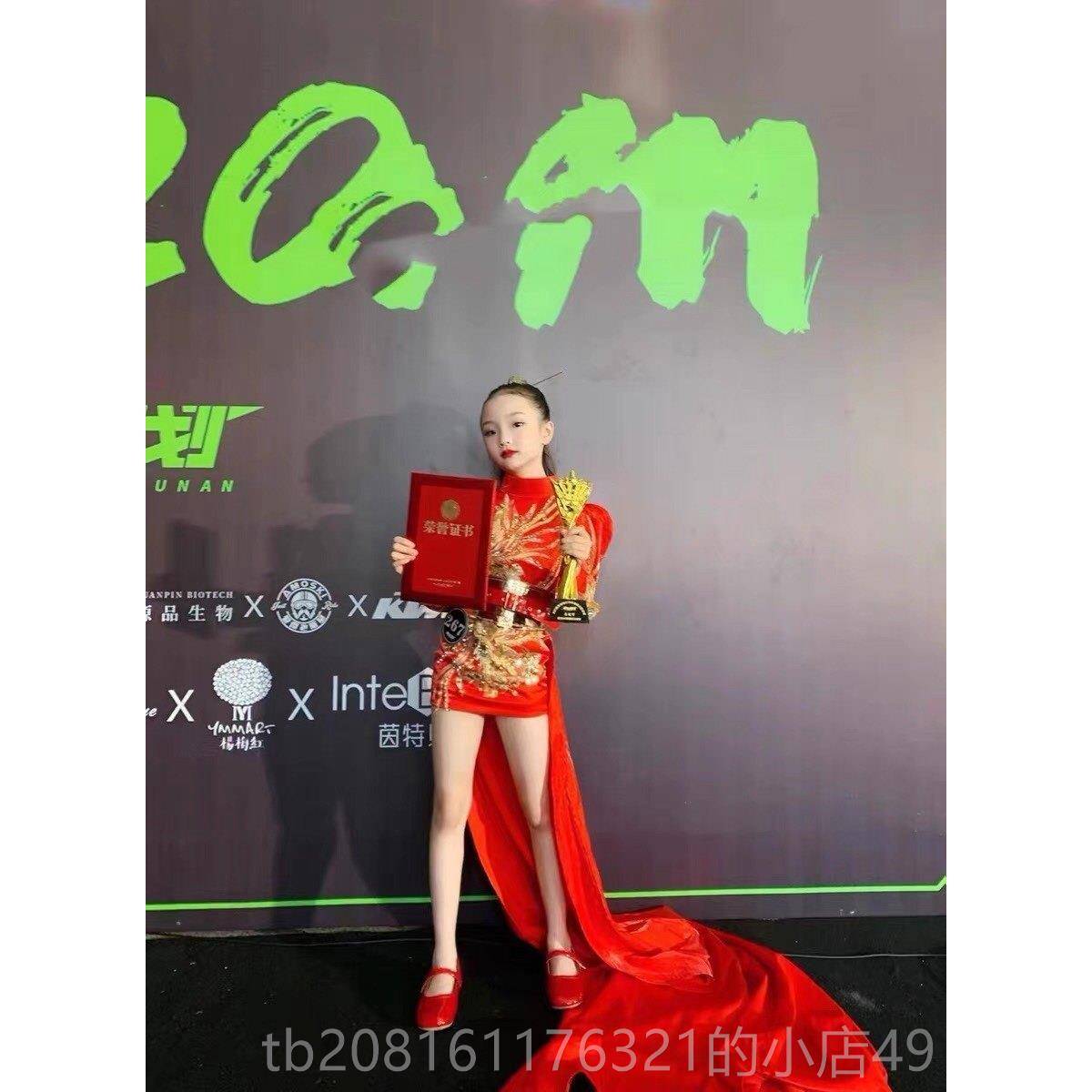 正品儿童模特走秀前短长创意后仙境传说红色国风国拖潮模车红毯服图片