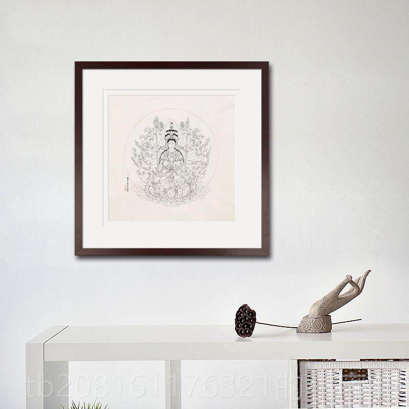 正品国画工笔白像描人物白卷手描千千眼观音菩萨画供奉中式轴画框
