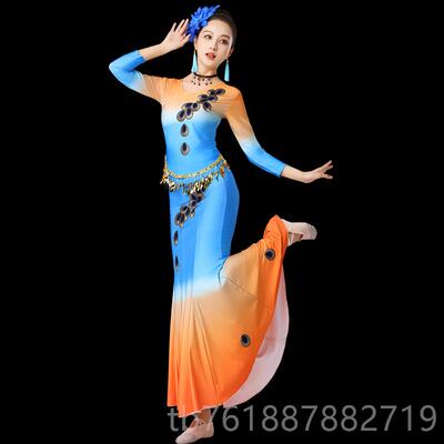 正品表傣族舞蹈裙子成人身包臀女长裙渐变艺考培训练习裙民族演半