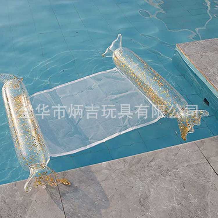 现货充气浮排水床可折叠PVC水上躺床带网躺椅网布羽毛亮片浮排