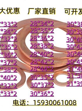 T2紫铜垫片 船用 表用密封垫圈 铜垫平垫内径M27M28M30M31厚2.0mm