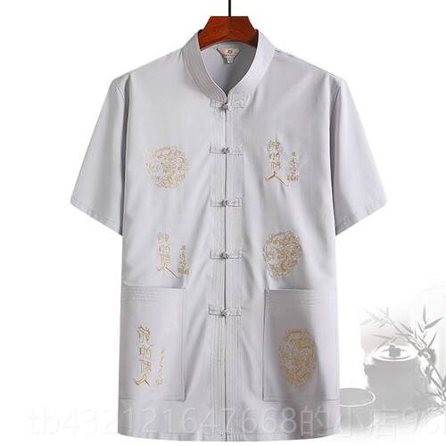 高档年中老人夏季套装唐装男短袖衬刺衫绣爸爸大码晨练服爷爷汉服