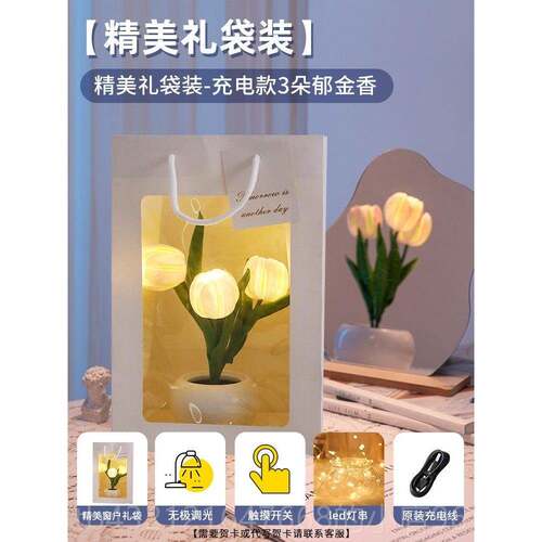 高档玫瑰晶朵花束小夜灯卧室睡床头水眠台灯生日礼物女创意花高级